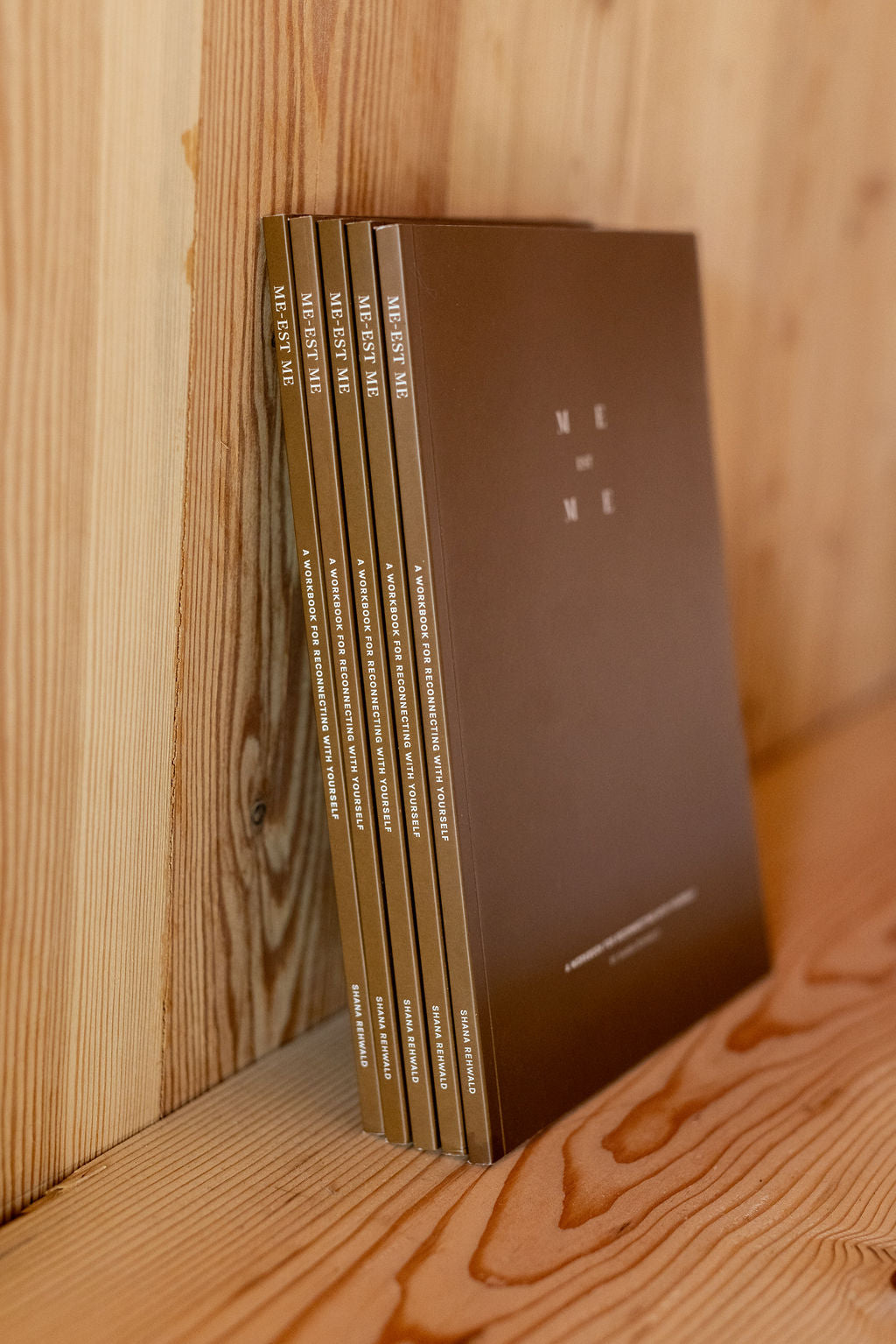 Five Me-est Me Journals leaning up against a wooden wall on a wooden shelf.